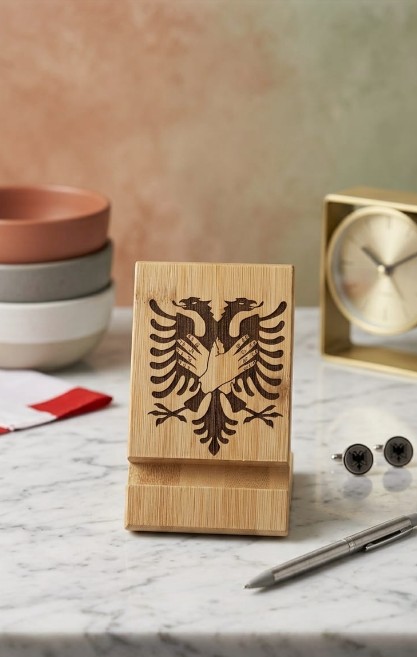Handyhalter aus Bambus mit graviertem Doppeladler