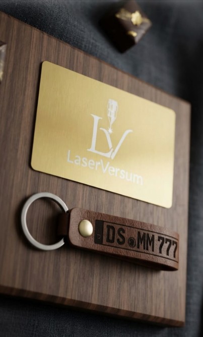 Goldene LaserVersum-Visitenkarte und Leder-Anhänger mit graviertem Kennzeichen auf Nussbaumholz