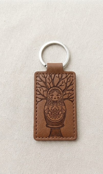 Genähter Leder-Schlüsselanhänger mit detailreicher Matroschka- und Baum-Gravur