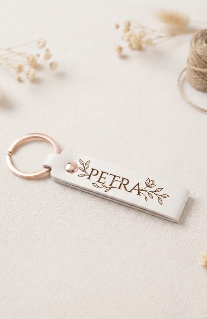 Weißer Leder-Schlüsselanhänger mit Namensgravur Petra und floralen Ranken, roségoldener Ring